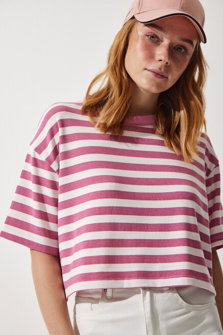 Çizgili Crop Örme T-shirt GÜL KURUSU LCR0002