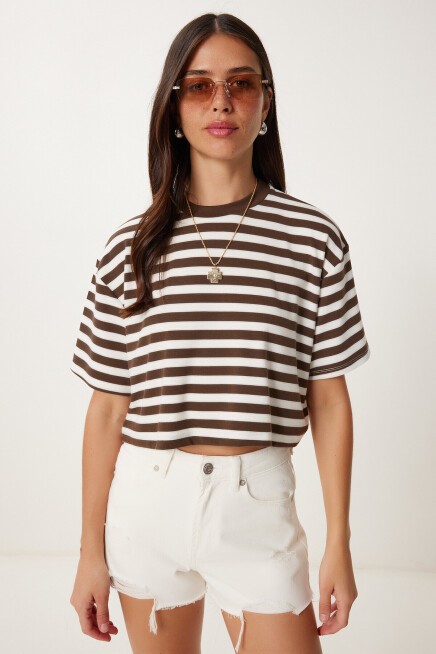 Çizgili Esnek Crop Örme T-shirt KAHVERENGİ KEMİK LCR0082