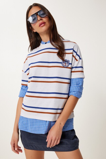 Çizgili Pamuklu Örme T-shirt GRİ LCR0077