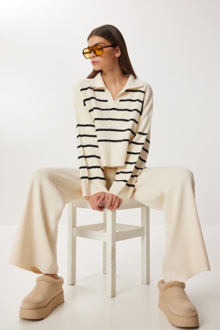 Çizgili Triko Kazak Pantolon Takım KEMİK SİYAH LCI0054