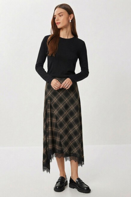 Dantelli Kareli Midi Dokuma Etek SİYAH BEJ LDP0095