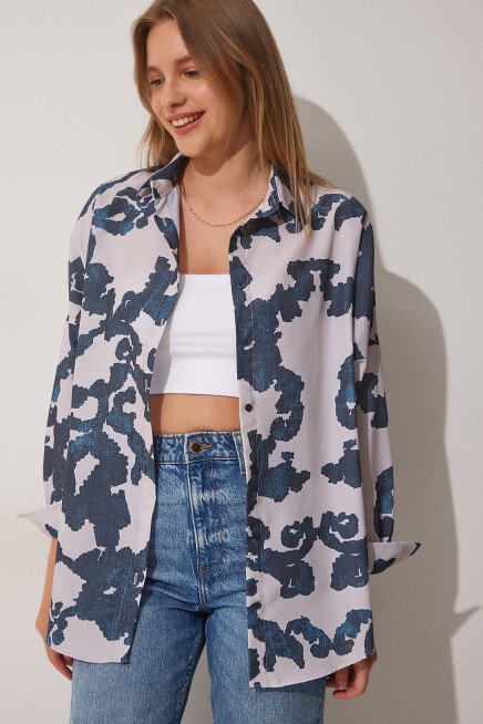 Desenli Oversize Poplin Gömlek KOYU MAVİ TAŞ LDD0074