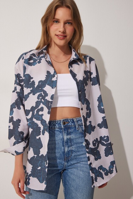 Desenli Oversize Poplin Gömlek KOYU MAVİ TAŞ LDD0074