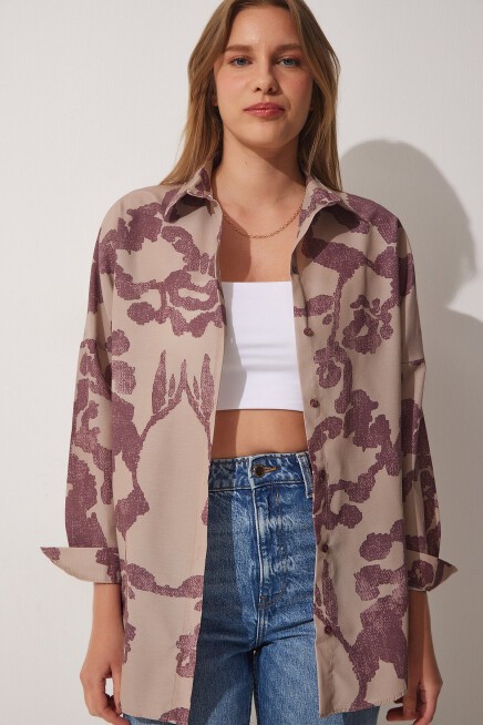 Desenli Oversize Poplin Gömlek MÜRDÜM BEJ LDD0074