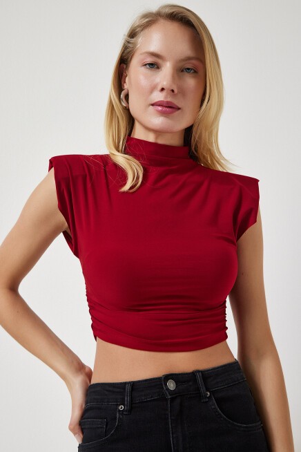 Dik Yaka Büzgülü Crop Örme Bluz BORDO LCI0034