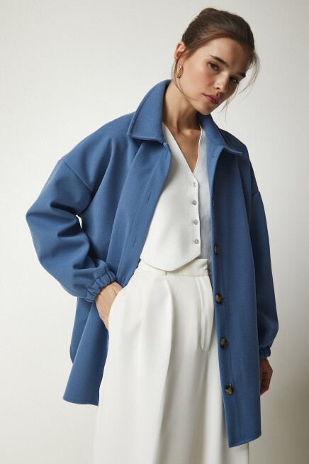 Düğmeli Cepli Oversize Gömlek Ceket İNDİGO MAVİ LDD0079