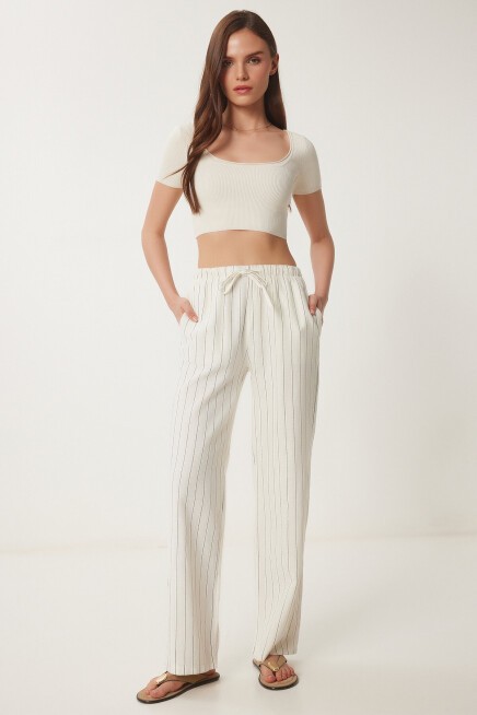 Geniş Paça Çizgili Keten Pantolon KREM LCR0058