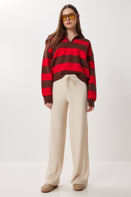 Geniş Paça Krinkıl Örme Pantolon KREM LCI0057