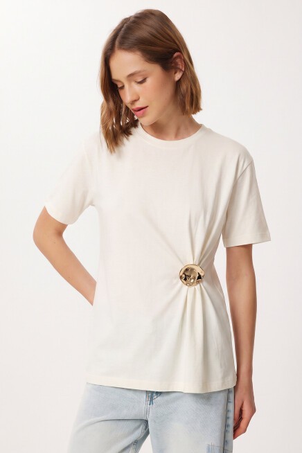 Gold Aksesuarlı Örme T-shirt EKRU LCR0119