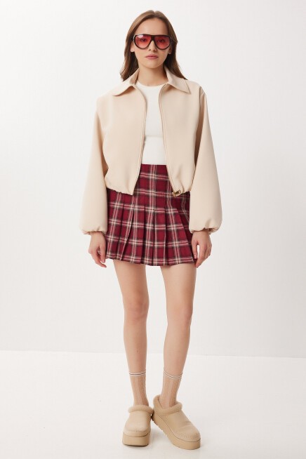 Kareli Pileli Mini Dokuma Etek BORDO LDN0001