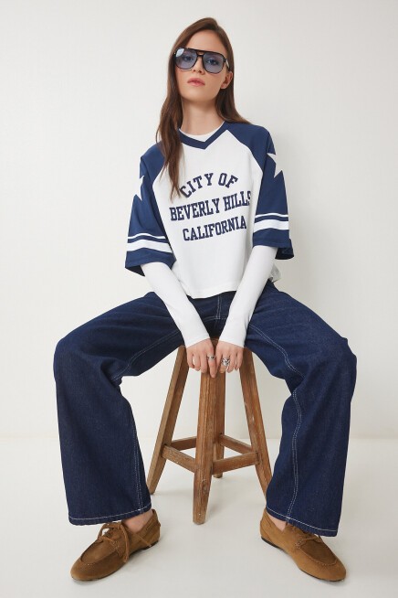 Kolej Baskılı Pamuklu Örme T-shirt LACİVERT BEYAZ LCR0036