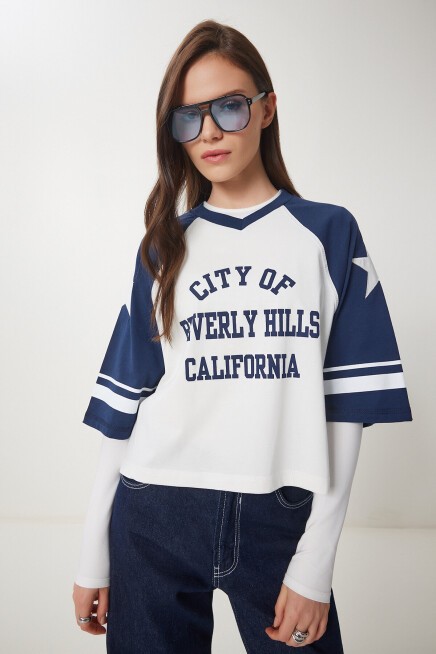 Kolej Baskılı Pamuklu Örme T-shirt LACİVERT BEYAZ LCR0036