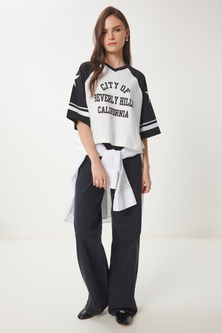 Kolej Baskılı Pamuklu Örme T-shirt SİYAH BEYAZ LCR0036