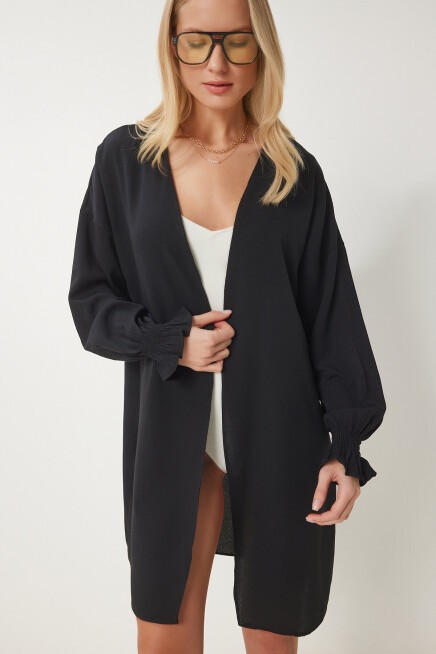 Kolu Büzgülü Krinkıl Kimono SİYAH LDD0069
