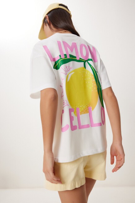 Limon Baskılı Pamuklu Örme T-shirt BEYAZ LCR0083