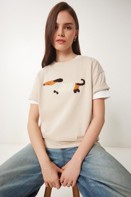 Nakışlı Pamuklu Oversize Örme T-Shirt KREM LCR0031