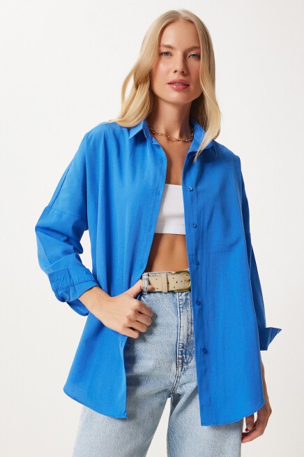 Oversize Basic Gömlek CANLI MAVİ LDD0003