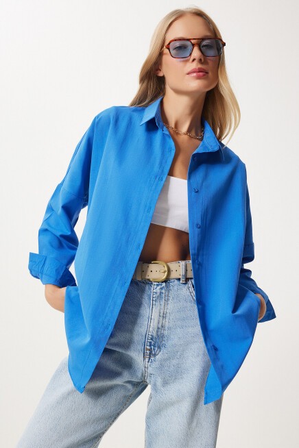 Oversize Basic Gömlek CANLI MAVİ LDD0003