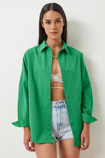 Oversize Basic Gömlek CANLI YEŞİL LDD0003