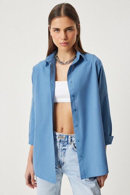 Oversize Basic Gömlek İNDİGO MAVİ LDD0003