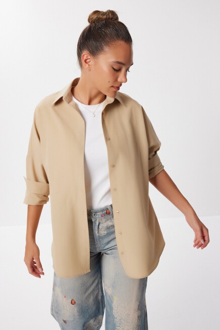 Oversize Basic Gömlek KOYU KREM LDD0003