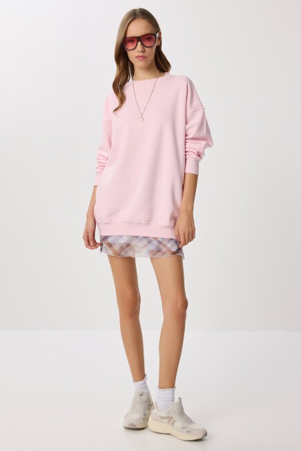 Oversize Şardonlu Örme Sweatshirt ŞEKER PEMBE LCR0097