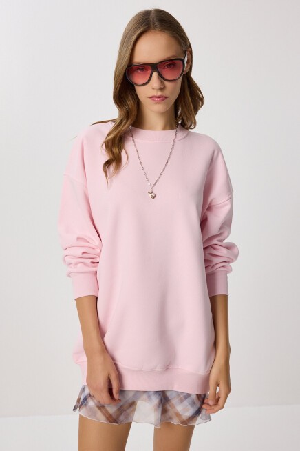 Oversize Şardonlu Örme Sweatshirt ŞEKER PEMBE LCR0097