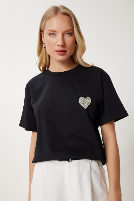 Şık Taşlı Kalp Detaylı Örme T-shirt SİYAH LCR0066