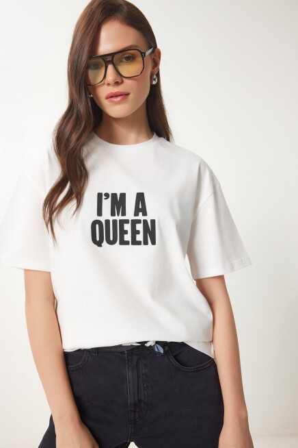 Sloganlı Örme T-shirt EKRU LCR0032