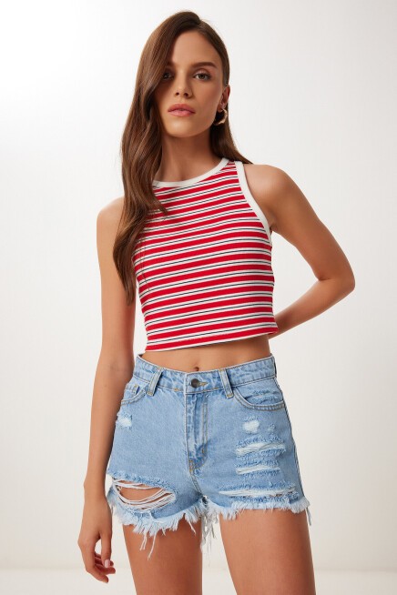Yırtık Mini Denim Şort AÇIK MAVİ LCR0085