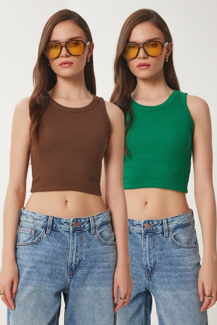 2’li Halter Yaka Crop Örme Bluz KAHVERENGİ YEŞİL LDZ0035