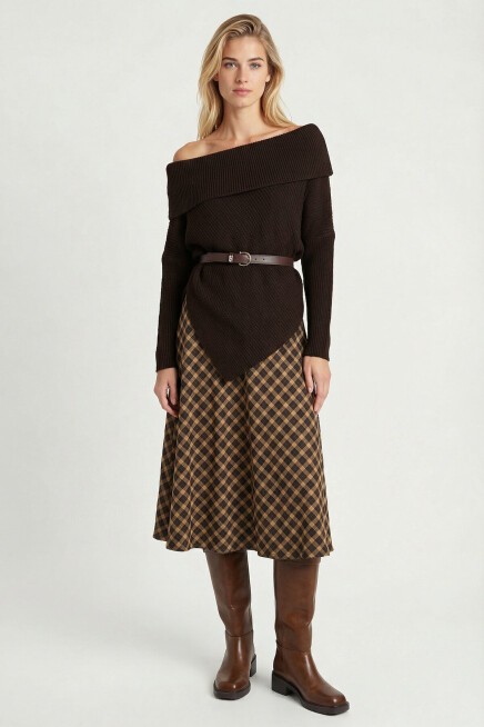 Açık Omuzlu Asimetrik Oversize Triko Kazak KAHVERENGİ LDP0090
