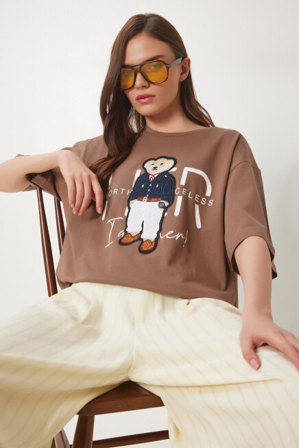 Ayıcık Armalı Pamuklu Oversize Örme T-shirt KAHVERENGİ LCR0027