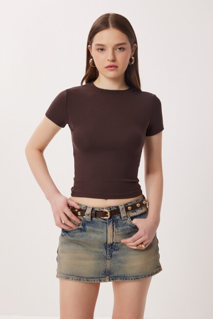 Bisiklet Yaka Basic Örme T-shirt KAHVERENGİ LDZ0067