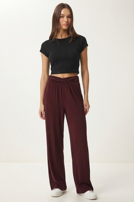 Büzgülü Çapraz Kemerli Örme Pantolon BORDO LCR0112