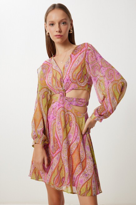 Desenli Cut Out Detaylı Şifon Elbise PEMBE SARI LFG0092