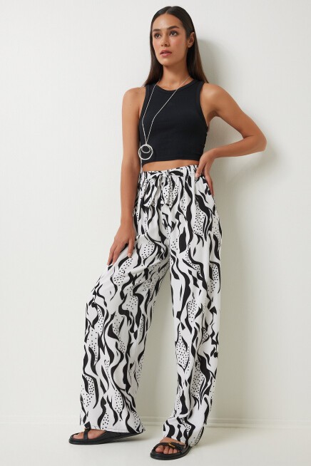 Desenli Dökümlü Viskon Palazzo Pantolon CANLI BEYAZ SİYAH LEN0003