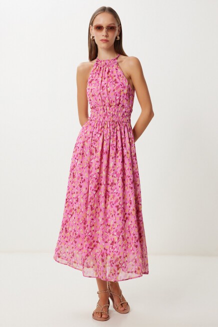 Desenli Midi Şifon Elbise PEMBE SARI LFG0083
