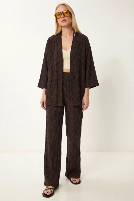Dokulu Oversize Örme Kimono Takım KAHVERENGİ LBY0041