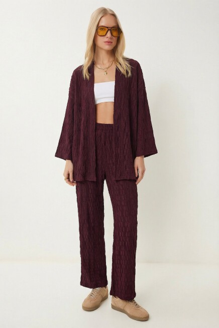 Dokulu Oversize Örme Kimono Takım MÜRDÜM LBY0041