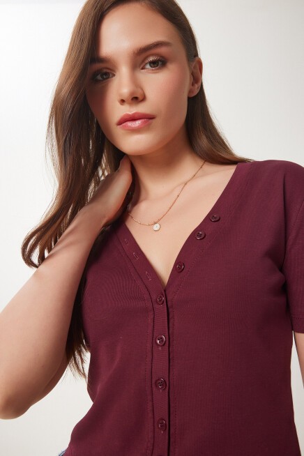 Düğmeli Basic Örme Bluz BORDO LCR0052