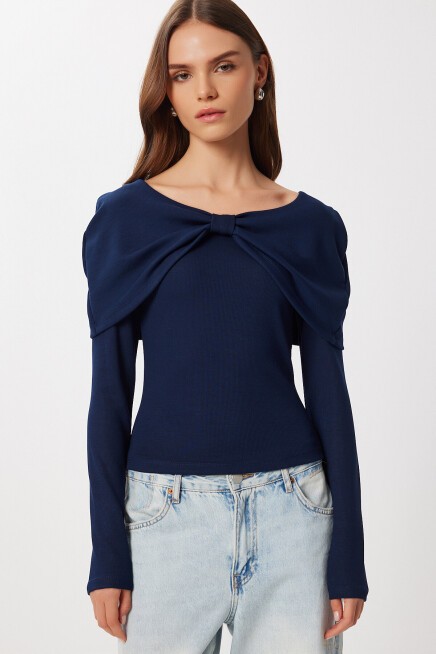 Fiyonk Detaylı Örme Bluz LACİVERT LFW0013