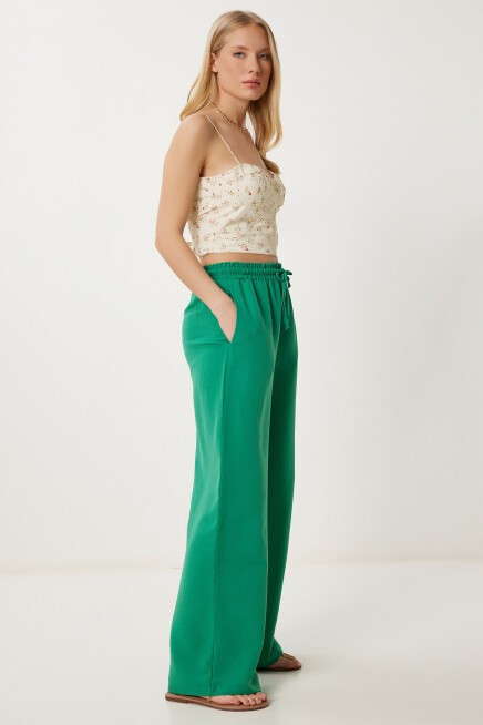 Geniş Paça Keten Pantolon YEŞİL LDP0071