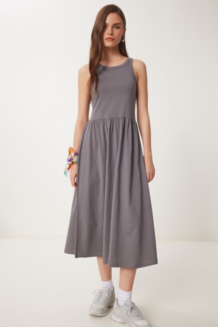 Halter Yaka Basic Yazlık Örme Elbise GRİ LCR0053