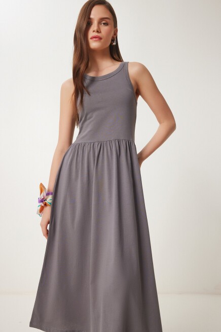 Halter Yaka Basic Yazlık Örme Elbise GRİ LCR0053