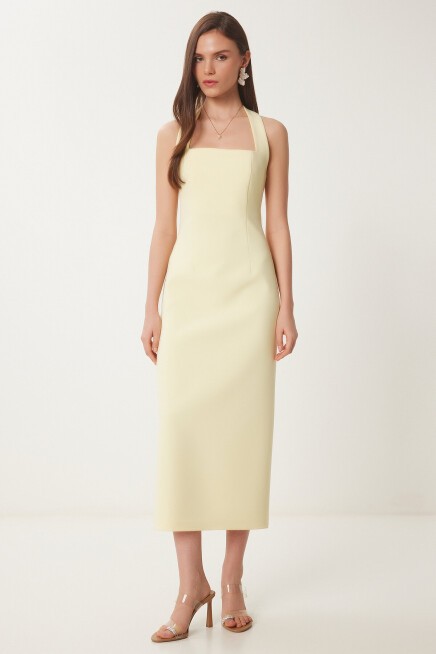Halter Yaka Midi Dokuma Elbise SARI LFK0005