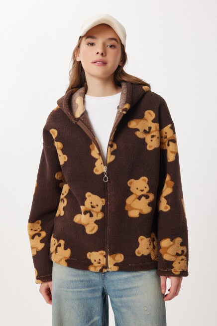 Kapüşonlu Ayıcıklı Oversize Polar Sweatshirt KAHVERENGİ LCI0065