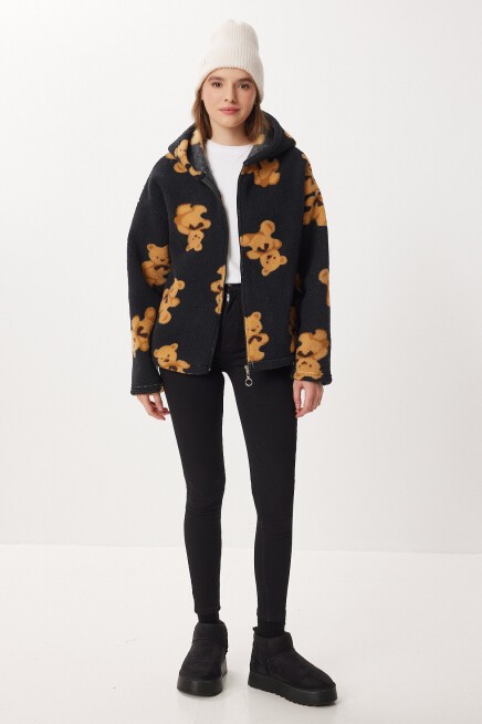 Kapüşonlu Ayıcıklı Oversize Polar Sweatshirt SİYAH LCI0065