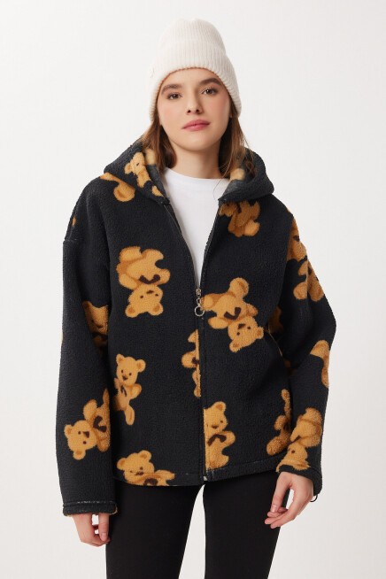 Kapüşonlu Ayıcıklı Oversize Polar Sweatshirt SİYAH LCI0065