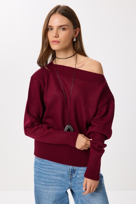 Kayık Yaka Triko Kazak BORDO LDP0080